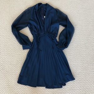 Blue deep V cocktail dress with sheer long sleeves